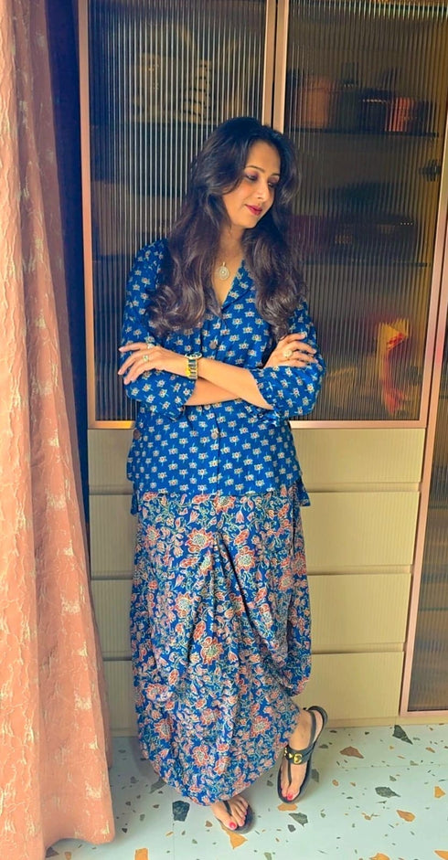 Jaipuri Blue Drape Skirt Set For Women